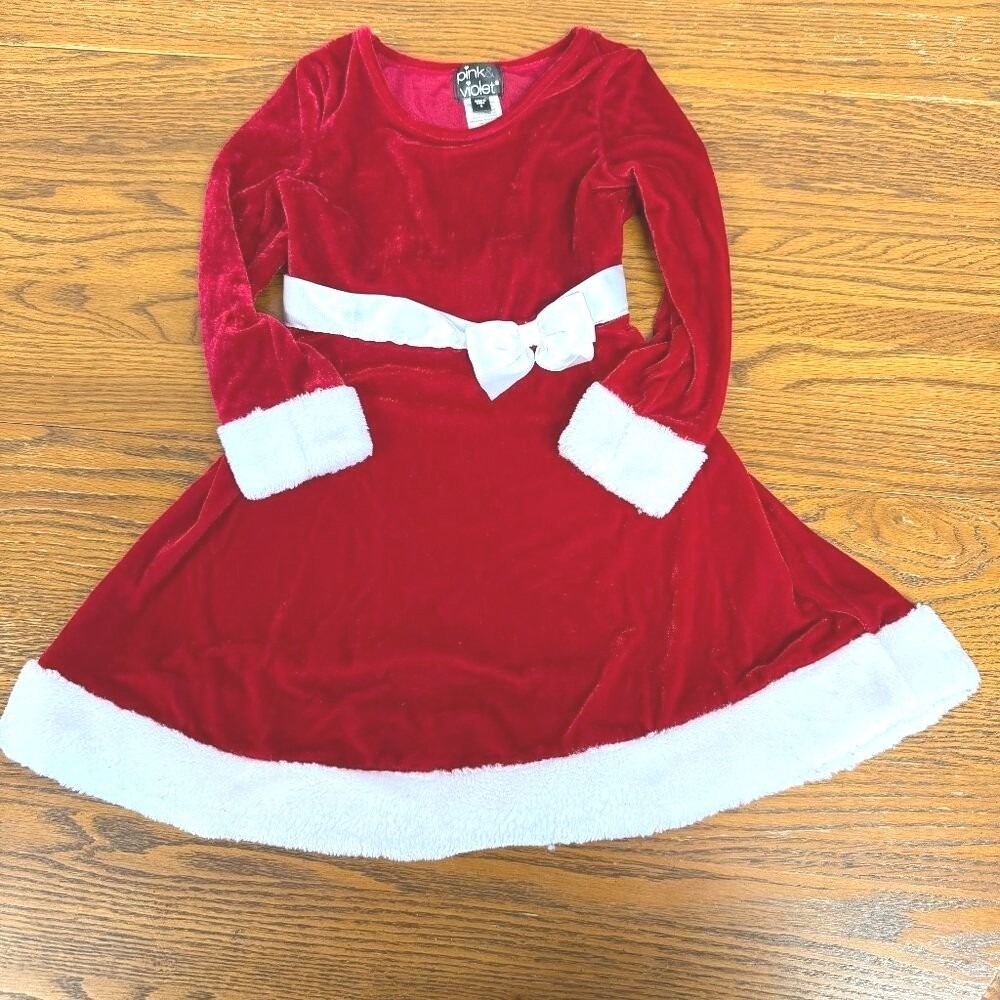 Pink & Violet Girls‎ Red Velvet Christmas Holiday Dress Faux Fur Trim Size 5